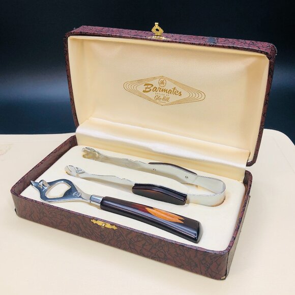 60s Glo Hill Barmates Bar Tools Box Set - Bottle Opener- Ice Tongs MCM Bakelite - Picture 1 of 13